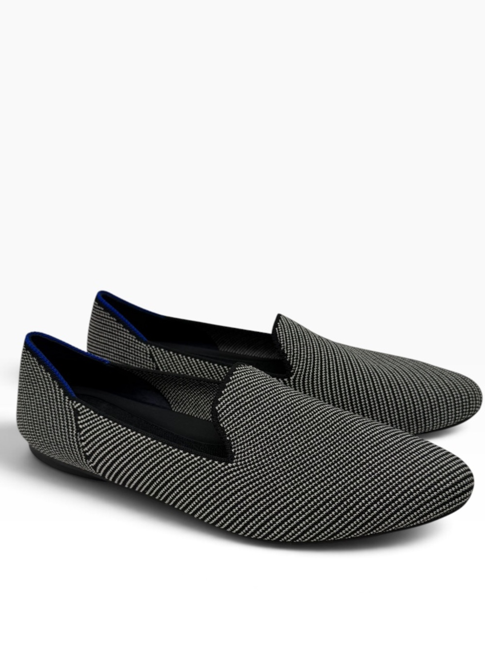 Rothy's The Almond Loafer Women's 9.5 Black White Knit Flats Blue Trim